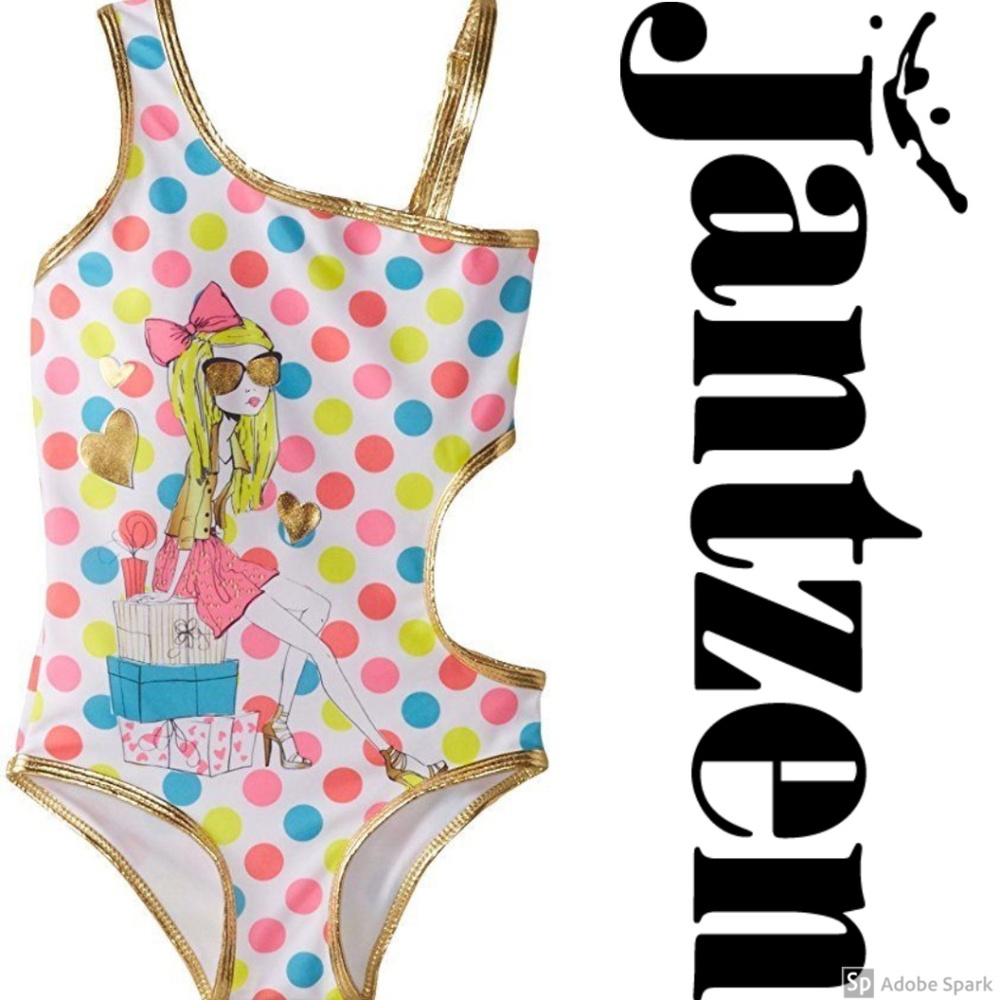 Jantzen Girls One Piece Cut Out Swimsuit Size 5 Polka Dot NWT‎ Swimwear